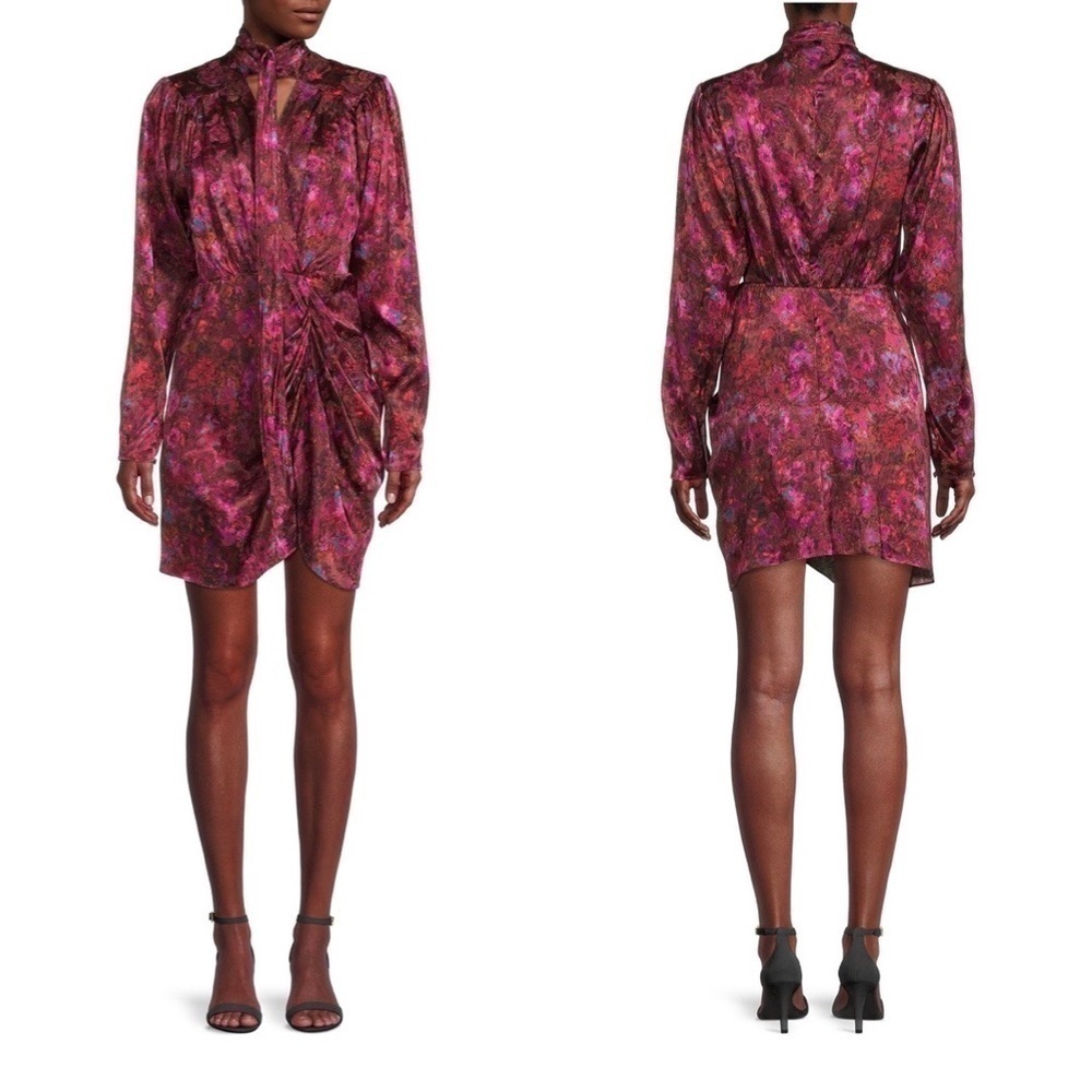 NWT RONNY KOBO Lula Silk Floral Draped Bow Burgundy Mini Dress Sz S